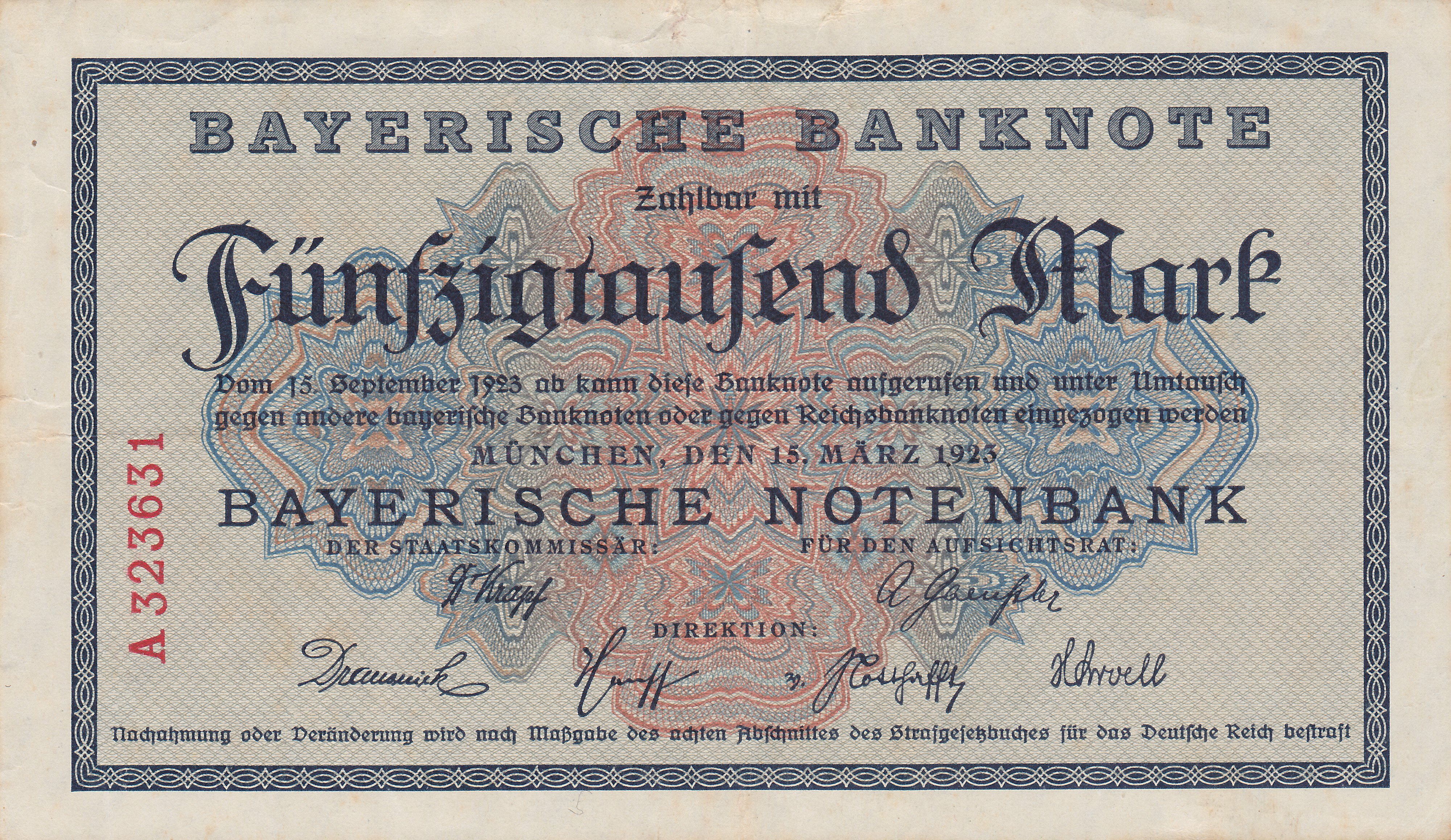 Ca. Format: xx mm x xx mm Leider kein Bild von 50.000 Mark vom 15.03.1923