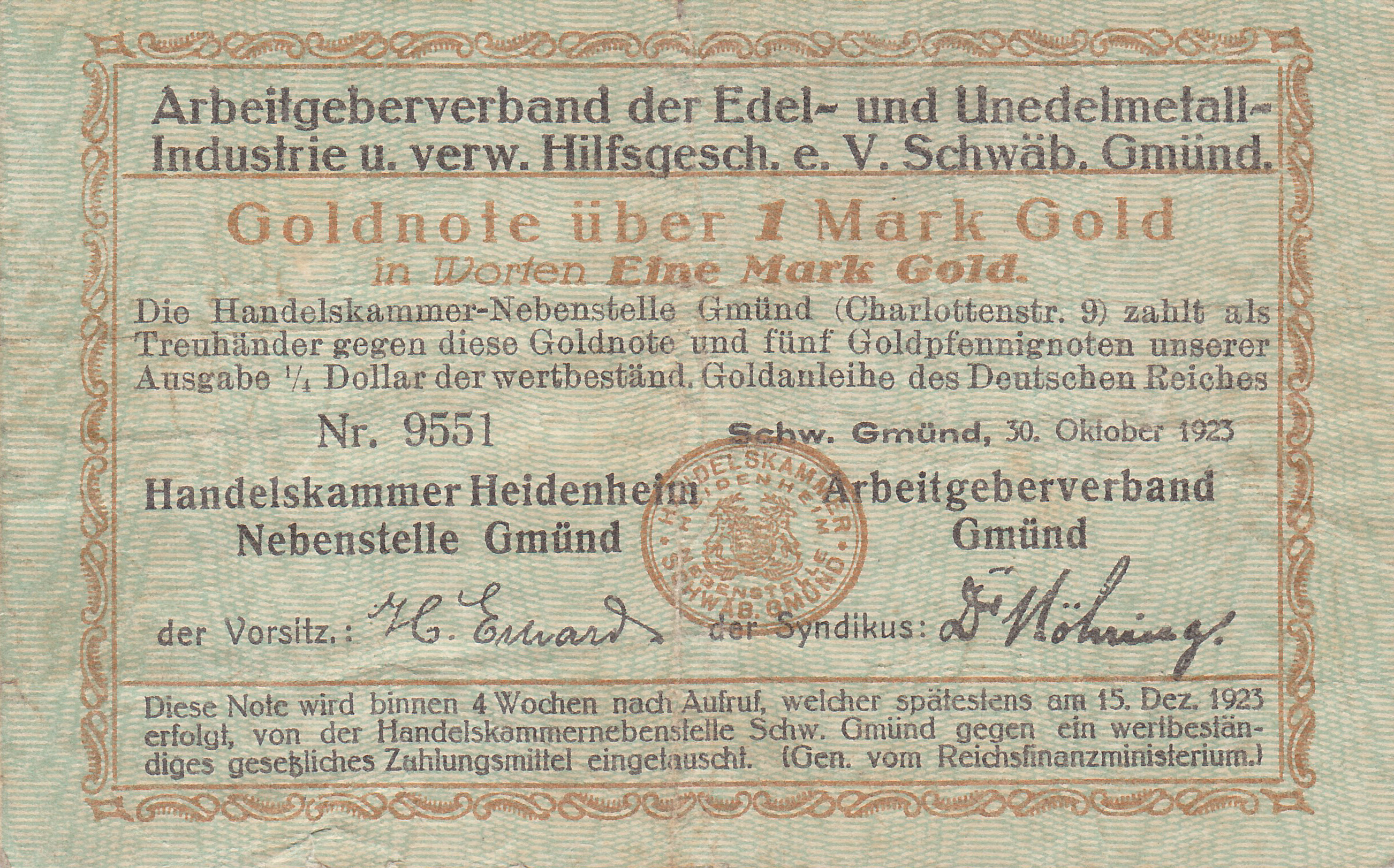 Leider kein Bild von 1 Goldmark v. 30.10.1923