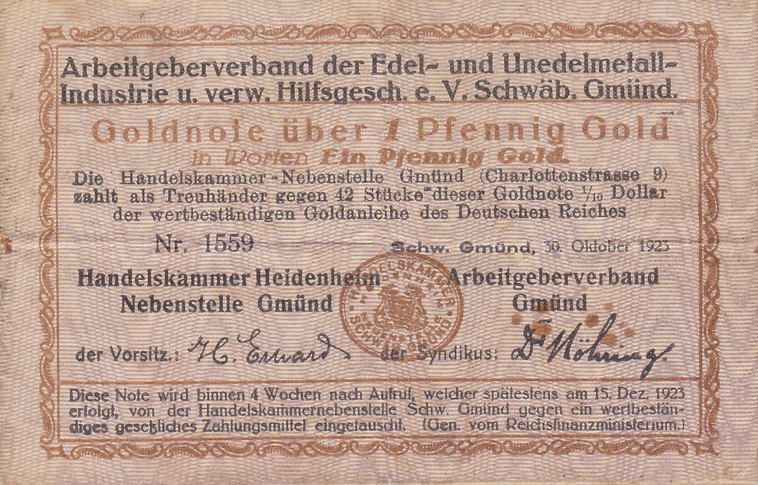 Leider kein Bild von 1 Pfennig Gold vom 30.10.1923